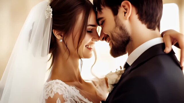 Paris, France, Europe. A closeup of a bride and groom in wedding attire. The bride wears a white lace dress with a veil, and the groom is in a black suit with a white shirt.