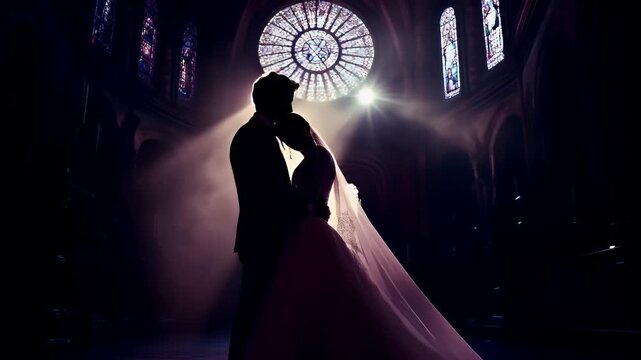 Paris, France, Europe. A silhouette of a bride and groom sharing a kiss in a dimly lit church. The churchs interior is bathed in a soft, ethereal light.