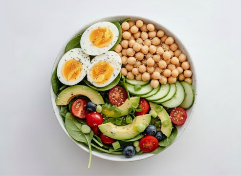 Taz&oacute;n de ensalada saludable con espinacas, huevo cocido, aguacate y tomates cherry vista superior.