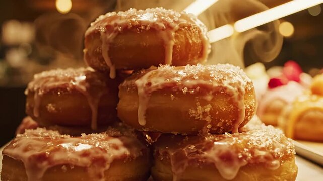 A tempting stack of freshly glazed donuts glistening with sweet sugar and subtle steam escaping their warm dough, inviting a bite.