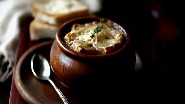Paris, France, Europe. A closeup shot of a bowl of French onion soup with a slice of bread on the side.
