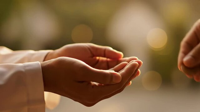 Close-up of hands giving zakat, a warm, soft-focus act of charity breaking the prison of poverty.