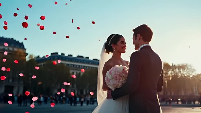 Paris, France, Europe. A wedding couple in front of the Arc de Triomphe during sunset, with rose petals floating in the air. The bride and groom are captured in a romantic pose.