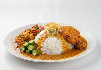 nasi kandar plate with steamed rice fried chicken