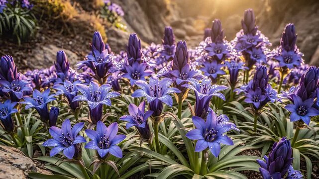 Blue Flowers Blooming in the Sunlight in Nature, Close Up