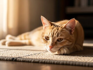 Ginger tabby cat resting on a rug in sunlight