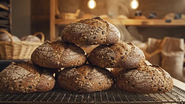 Several Rustic Multigrain Loaves Stacked on a Cooling Tray in a Bakery Setting, Showcasing Freshly Baked Goods