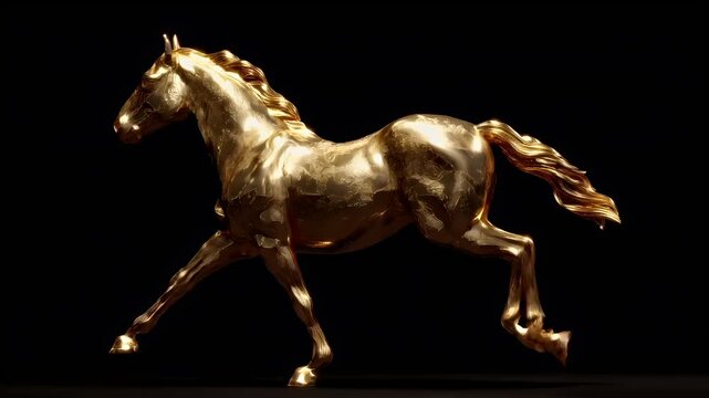 Chinese lunar new year holiday celebration. Spring festival tradition. Chunjie. Asia. 3D rendered gold horse sculpture on black background.