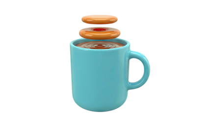 Blue coffee mug with floating donuts and chocolate drink