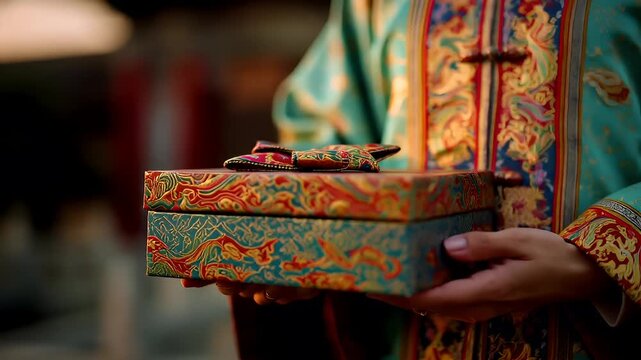 Chinese lunar new year holiday celebration. Spring festival tradition. Chunjie. Asia. A closeup of a persons hand holding a decorative box with intricate patterns. The person is wearing a vibrant.