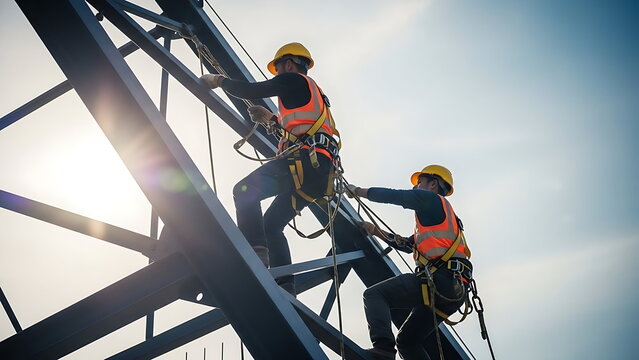 Construction workers scaling a tall metal framework with safety harnesses. - Powered by Adobe