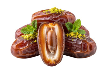 glossy medjool dates with pistachio topping and mint garnish