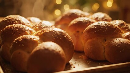 Golden braided challah bread baked with sesame seeds resting on a baking sheet, ready to be enjoyed
