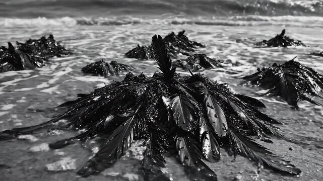 Oil-soaked feathers form a macabre mosaic on a barren wave-lapped shore, depicting environmental tragedy and nature's destruction.