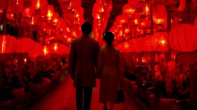 Chinese lunar new year holiday celebration. Spring festival tradition. Chunjie. Asia. A vivid portrayal of two individuals walking through a vibrant red lanterned corridor.