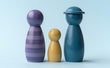 Four colorful wooden figures stand in a row, representing family or hierarchy.