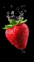 A fresh strawberry exploding with dynamic splash effect, seeds and juice flying in midair, isolated on clean background, cinematic high-speed photography style, dramatic lighting with sharp