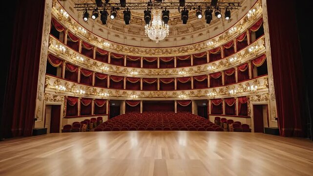 Theater stage background with empty seats and red curtains in a luxurious, ornate auditorium with a large chandelier.