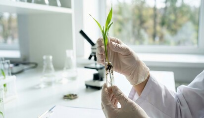 A scientist in a lab coat and gloves holds a test tube with a green seedling, performing biological research and plant analysis.