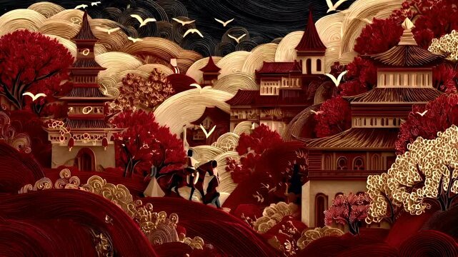 Chinese lunar new year holiday celebration. Spring festival tradition. Chunjie. Asia. A detailed papercut artwork depicting a serene, traditional Asian landscape.