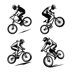 Obraz premium Dynamic Mountain Bike Stunt Series: Four Riders Performing Tricks and Jumps Silhouettes