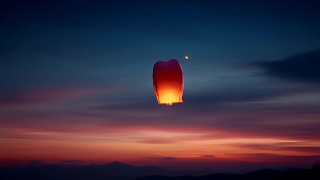 Chinese lunar new year holiday celebration. Spring festival tradition. Chunjie. Asia. A vivid, highresolution photograph of a red sky lantern floating in the sky during twilight.