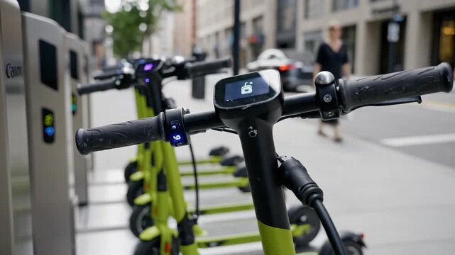 Electric Scooter Sharing Station in Urban City Street with Charging Ports
