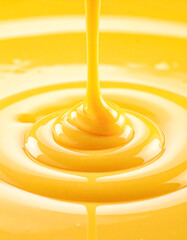 Pouring yellow thick creamy liquid creating swirls and ripples
