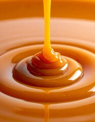Pouring melted caramel sauce creating smooth ripples and swirls