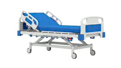 Adjustable Hospital Bed with Blue Mattress and White Frame