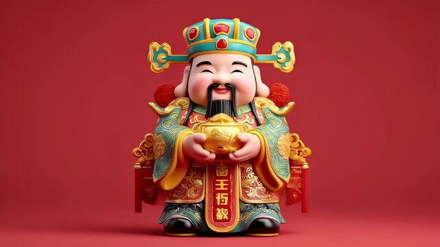 Chinese lunar new year holiday celebration. Spring festival tradition. Chunjie. Asia. 3D rendered traditional Chinese deity figurine with golden ingot and red and gold attire.