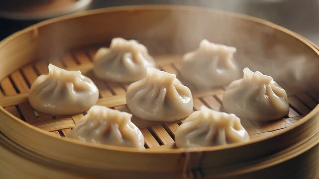 Close-up of several steamed dumplings arranged in a bamboo steamer highlighting textures and traditional food preparation