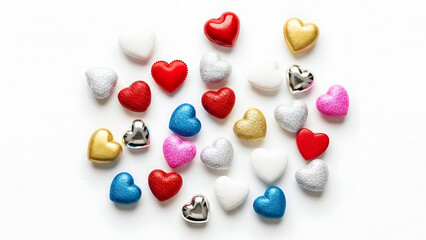 Scattered colorful small heart-shaped decorations with glitter and metallic finishes on a clean white background for festive or romantic themes