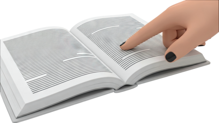 Hand pointing at open book with minimalist lines