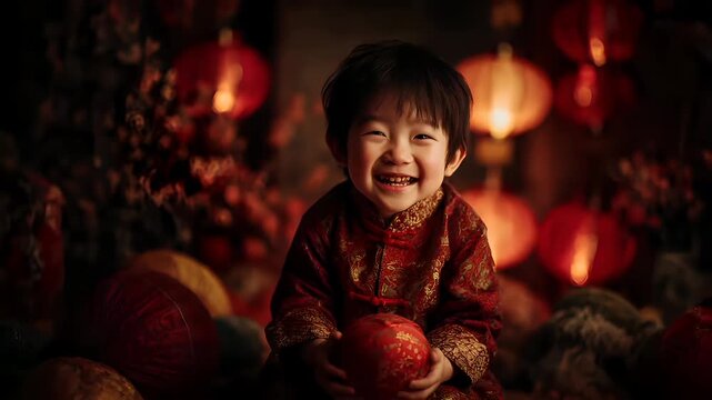 Chinese lunar new year holiday celebration. Spring festival tradition. Chunjie. Asia. A young child in a traditional Chinese outfit holds a red ingot. The childs face is illuminated by a warm.