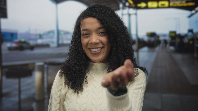 Woman wearing cream sweater extends hand palm up and smiles in busy airport terminal; warm hospitality.
