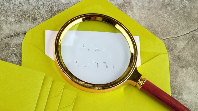 Magnifying glass reveals Vision Statement on paper in a yellow envelope. Business and strategy concept. Reveals strategic direction and clarifies goals