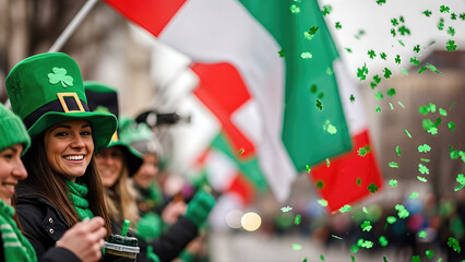 Group of joyful women wearing green hats and scarves, celebrating St. Patrick's Day with festive decorations, confetti, and waving flags in a lively street atmosphere