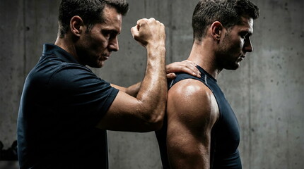 Male therapist gives deep tissue massage to an athlete's shoulder for muscle pain relief and recovery during a professional therapy session.