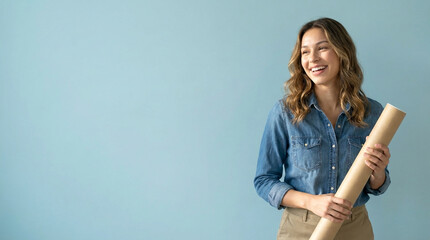 A smiling woman in a denim shirt holds a rolled-up blueprint or poster against a light blue background.
