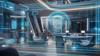 Futuristic office space with digital interface and modern furniture. - Powered by Adobe
