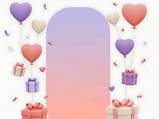 Romantic Valentine Scene with Heart Balloons Gift Boxes and Confetti on Pastel Background