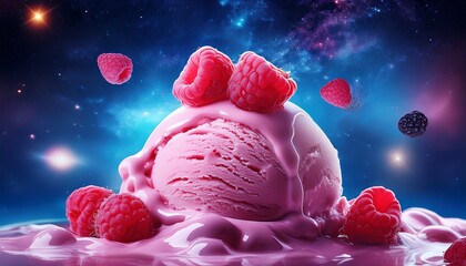Fresh Raspberry Style Ice Cream Space Background Some Berries On The Ice Cream Ice Cream Like Planet