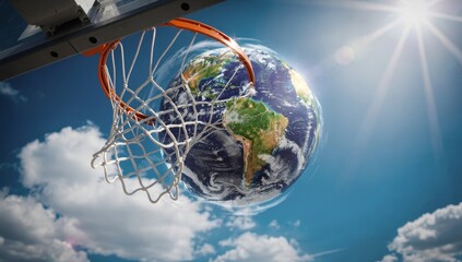 Bright sunlight with strong lens flare illuminates the ball and the blue sky background. 
