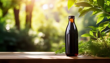 Dark Beverage Bottle On Wooden Table With Sunlight And Greenery