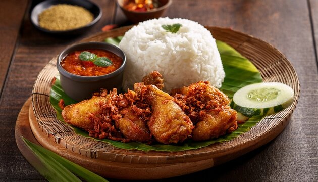 Delicious Nasi Lemak Platter With Fried Chicken And Spicy Sambal