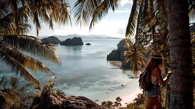 A woman sits on a rocky outcrop overlooking a serene tropical beach during sunset. The sun casts a warm, golden hue over the scene, highlighting the lush greenery and the azure waters.