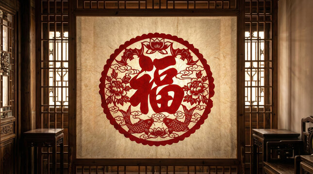 Backlit paper window screen with red chinese paper cut fu character meaning good fortune in traditional wooden room.