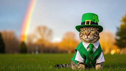 Cat dressed in green attire with a festive hat, sitting on grass under a rainbow, celebrating St. Patrick's Day with vibrant colors and joyful ambiance