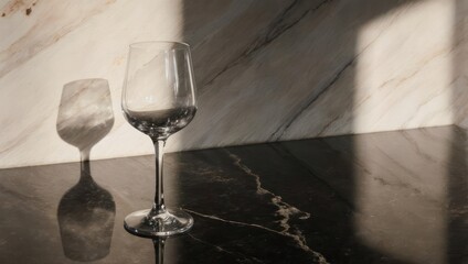 Elegant Wine Glasses with Shadows on Marble Surface.